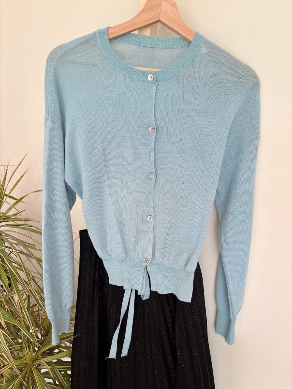Light Blue Open Tie-Back Cardigan Mother-of-pearl buttons